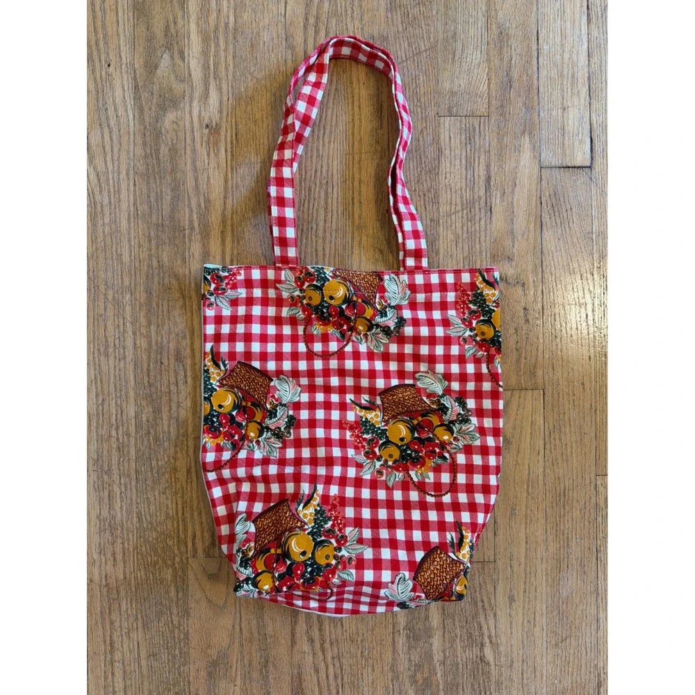 Tory Burch Fruits Du Marche Canvas Tote Bag Limited Edition Plaid Gingham Picnic